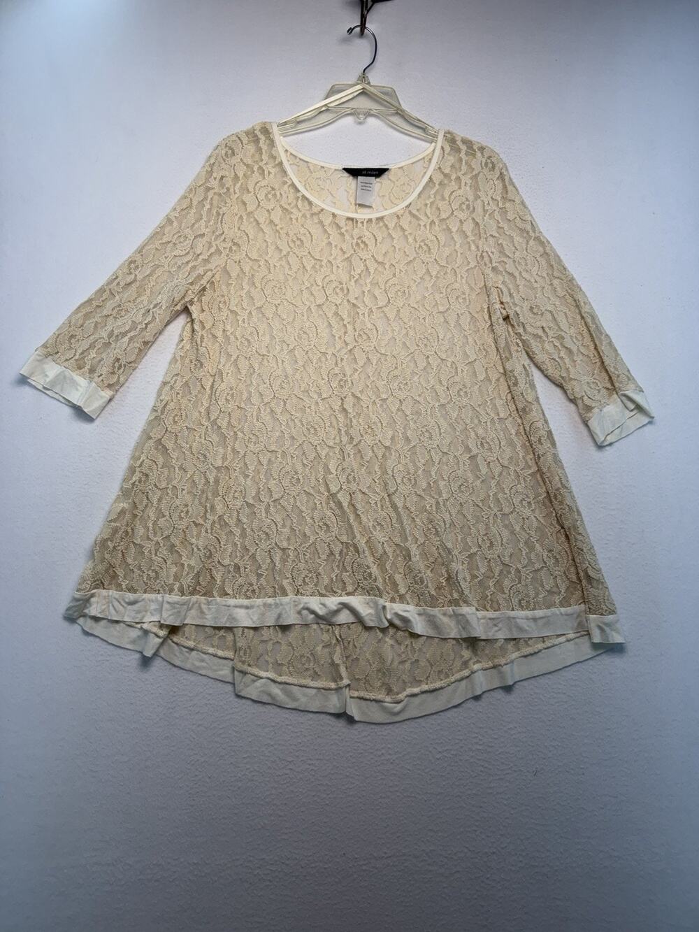 Ali Miles Cream L/XL 3/4 Sleeve Tunic Lace Casual High/low Party Layers Fun Pool